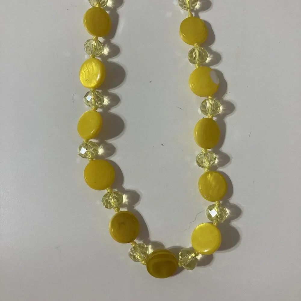 Long Yellow Round Disc Transparent Beaded Cord Necklace Bohemian Lobster Clasp